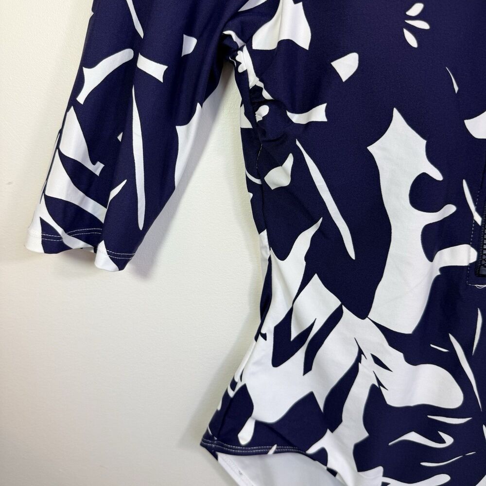 ANNE COLE Long Sleeve One-Piece Rash Guard Swimsuit Tropical Navy White Sz 8 - Picture 6 of 12